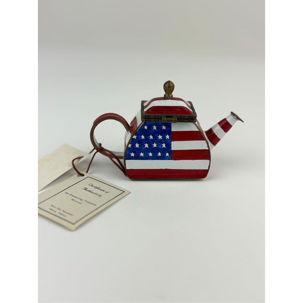 NOS Kelvin Chen Miniature Enamel Copper Decorative Teapot God Bless America USA